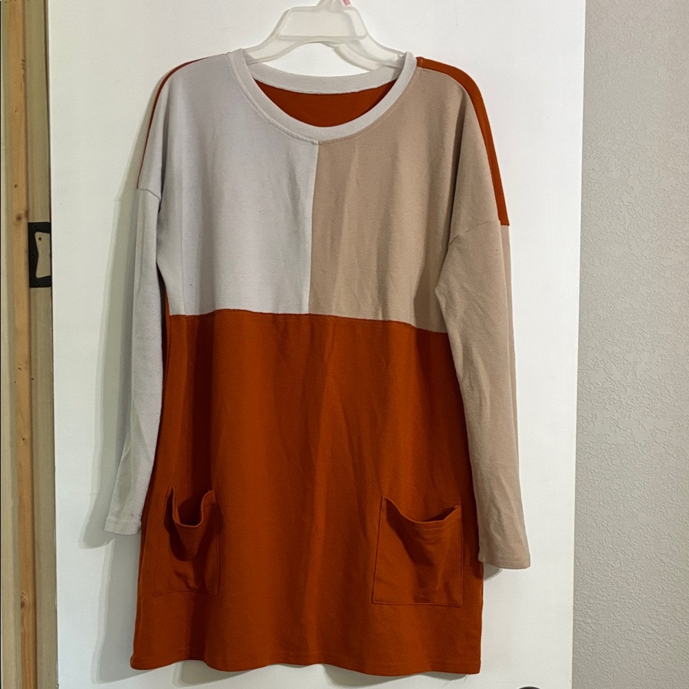 Colorblock Long Sleeve Tunic with Pockets - Rust, Beige, White